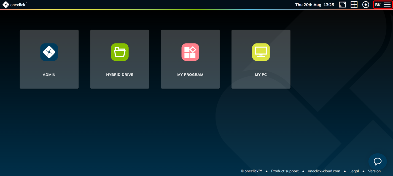 Menu icon highlighted in the top right corner of the oneclick™ dashboard