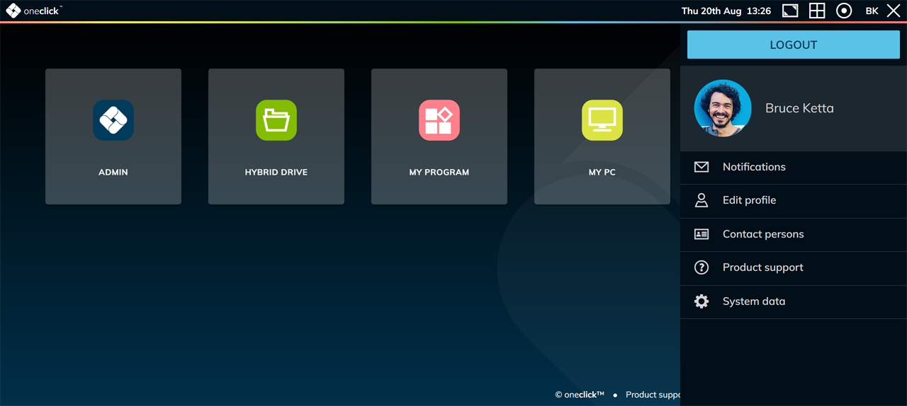 Open oneclick™ user menu with Logout, Notifications, Edit profile, Contact persons, Product support, and System data options