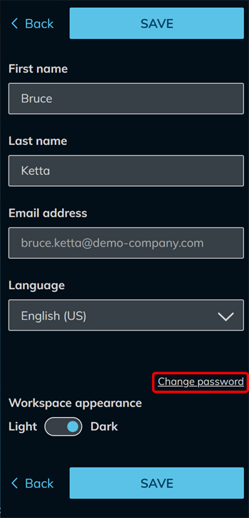 Change password link highlighted in the Edit profile panel