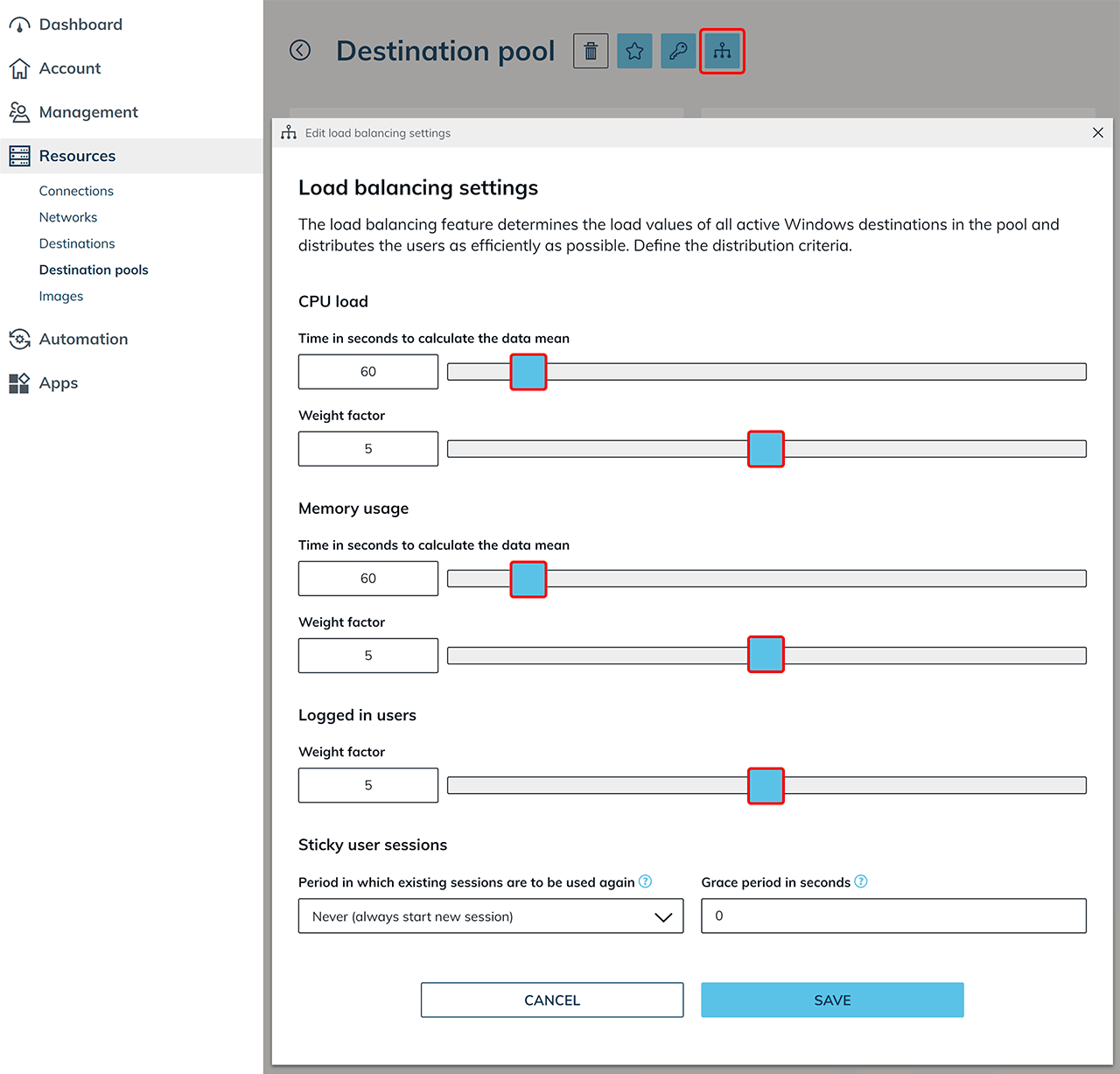 Load balancing settings for multi user with weighting factors for CPU utilization, memory usage, and logged in users