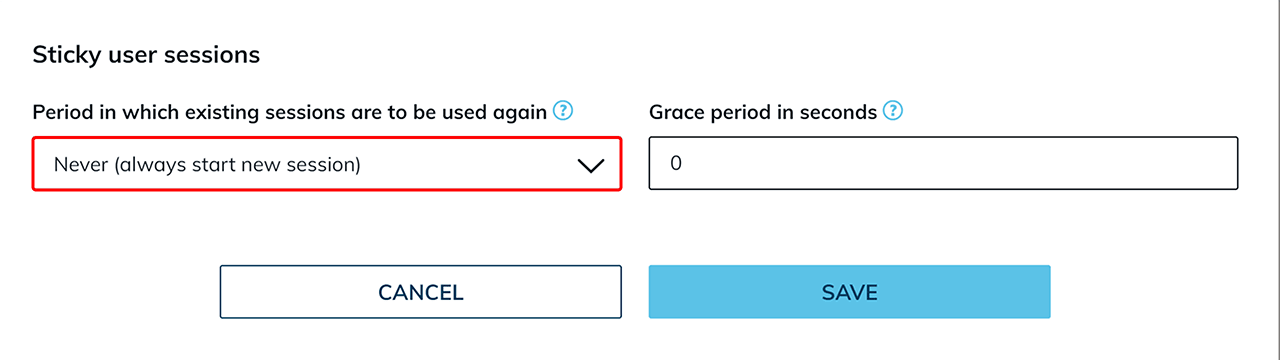 Section "Sticky user sessions" with the "Period in which existing sessions are to be used again" drop-down field highlighted