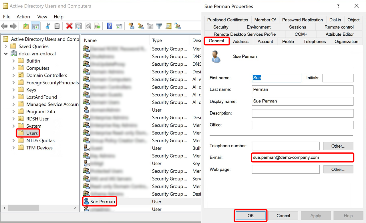 Sue Perman Properties dialog with the E-mail field filled in and the OK button highlighted