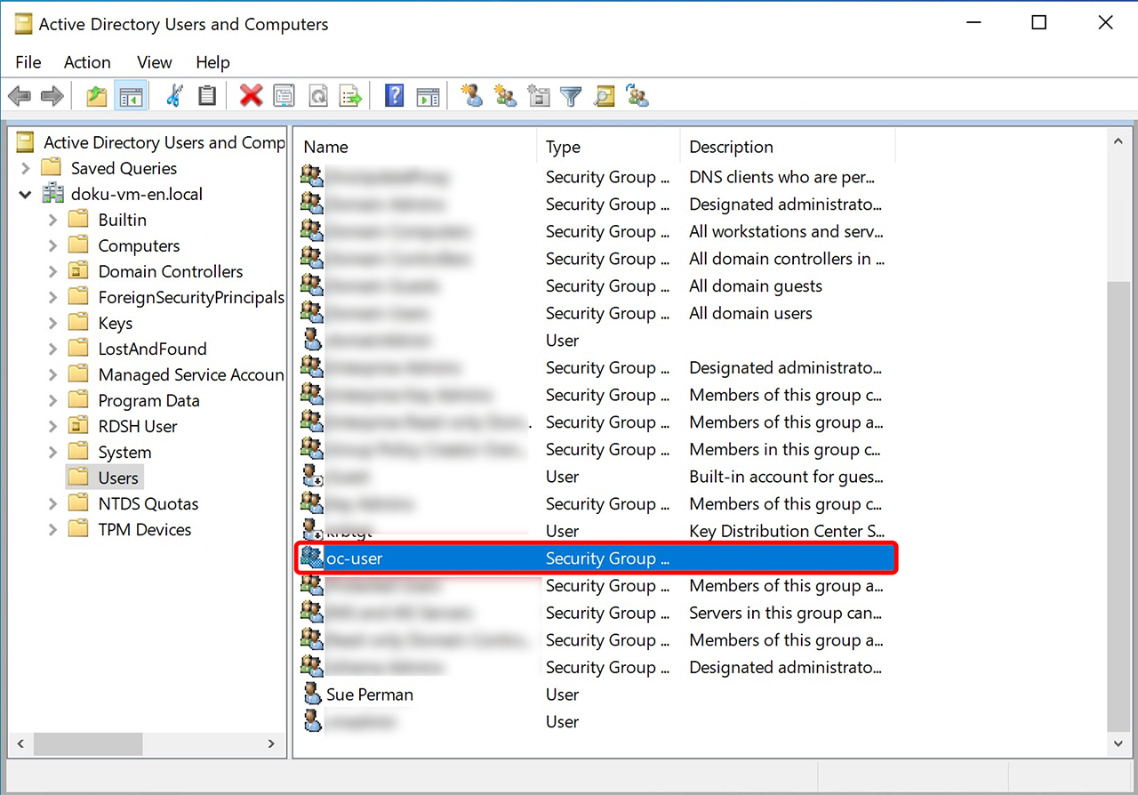 Active Directory Users and Computers list with the newly created oc-user group selected