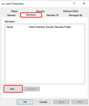 oc-user Properties dialog on the Members tab with the Add button highlighted