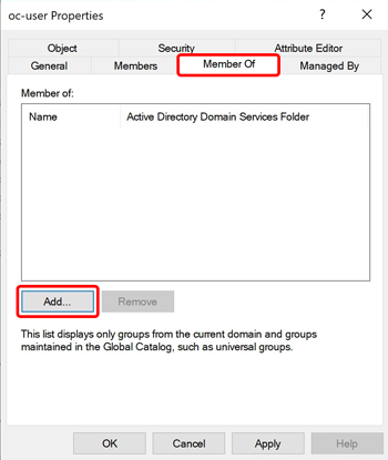 oc-user Properties dialog on the Member Of tab with the Add button highlighted