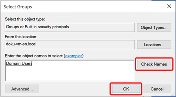 Select Groups dialog with Domain Users entered and the Check Names and OK buttons highlighted