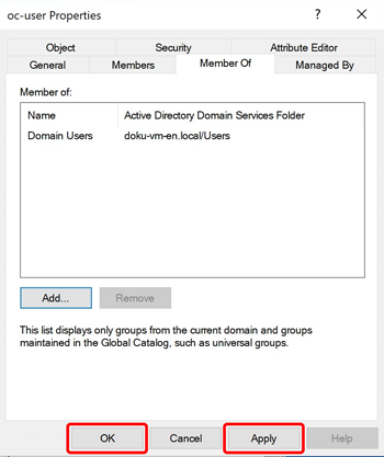 oc-user Properties dialog on the Member Of tab showing the added Domain Users group with the Apply and OK buttons highlighted