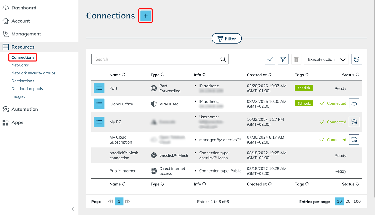 Connections list with the Plus icon highlighted