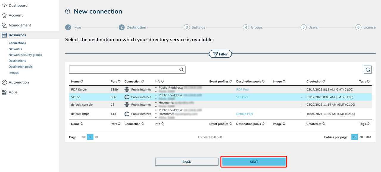 New connection Destination step with a destination selected and the Next button highlighted
