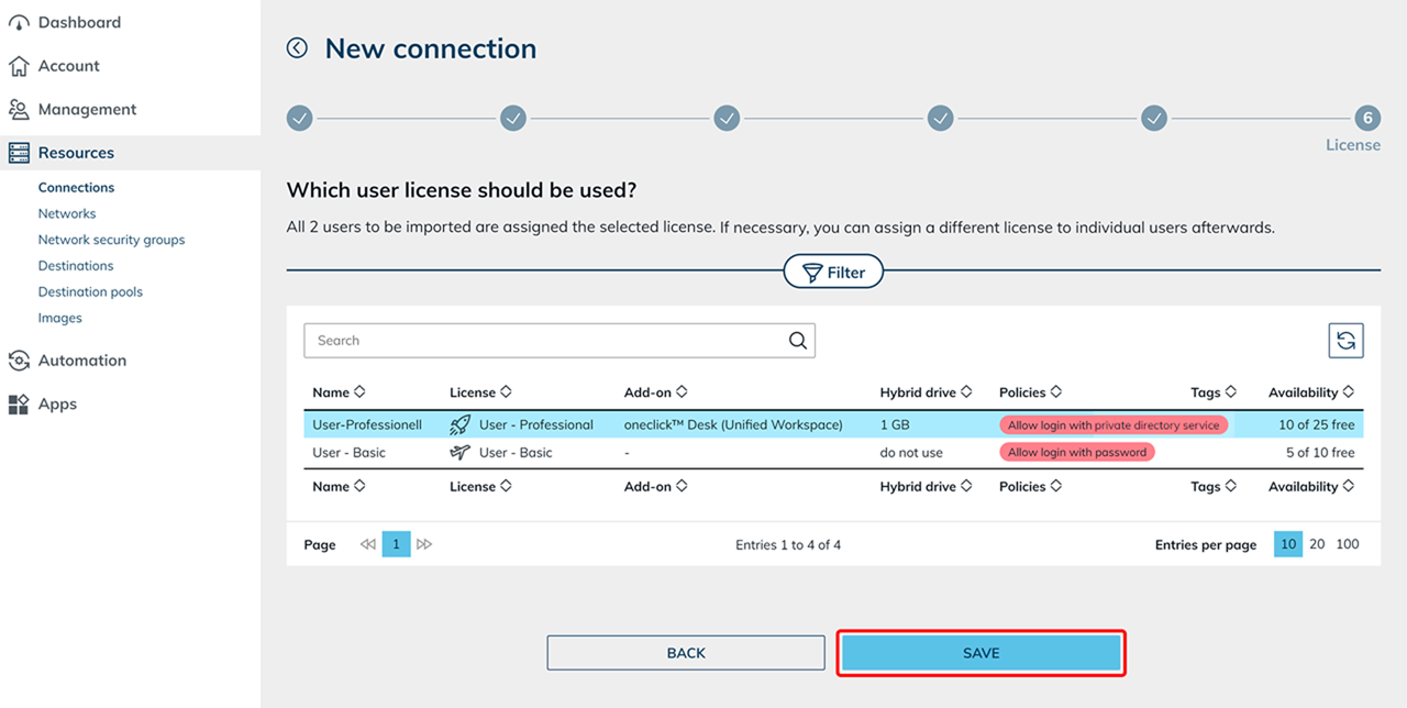 New connection License step with a user license selected and the Save button highlighted