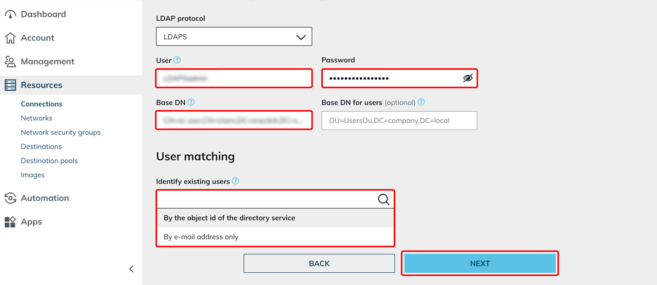 New connection Settings step with the User, Password, and Base DN fields and the Identify existing users dropdown highlighted, and the Next button highlighted