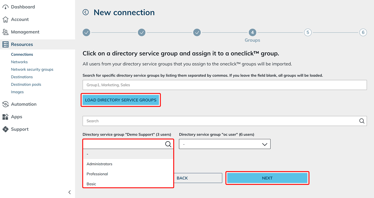 New connection Groups step with the Load directory service groups button and a group assignment dropdown highlighted, and the Next button highlighted