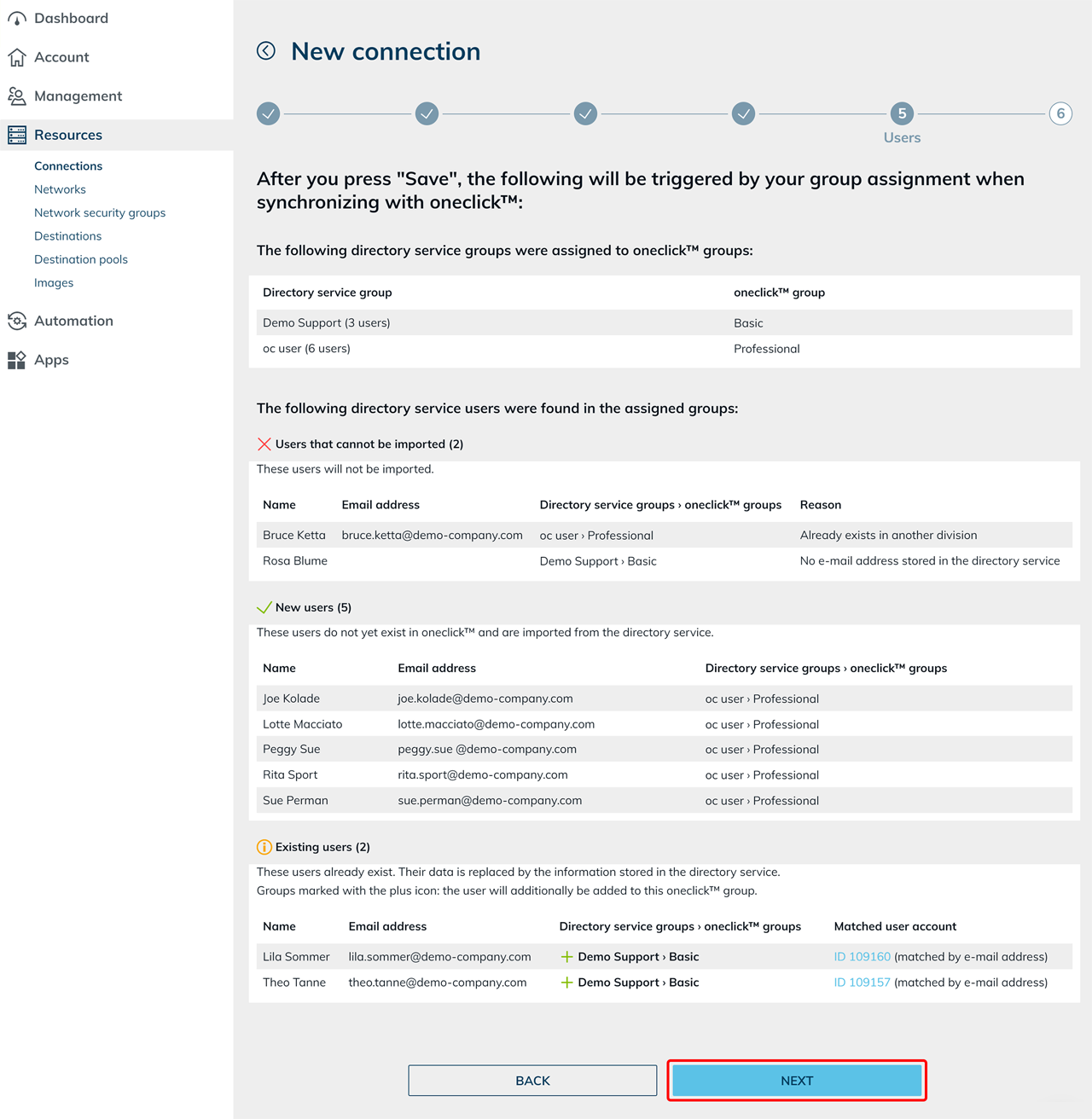 New connection Users step showing the group assignments and user sections with the Next button highlighted