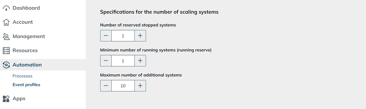 Number of reserved stopped and running systems as well as maximum number of additional systems for multi user