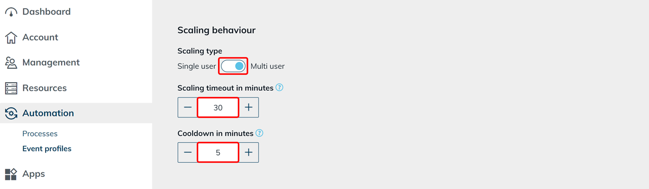 Settings for scaling type, scaling timeout, and cooldown in the scaling behavior section