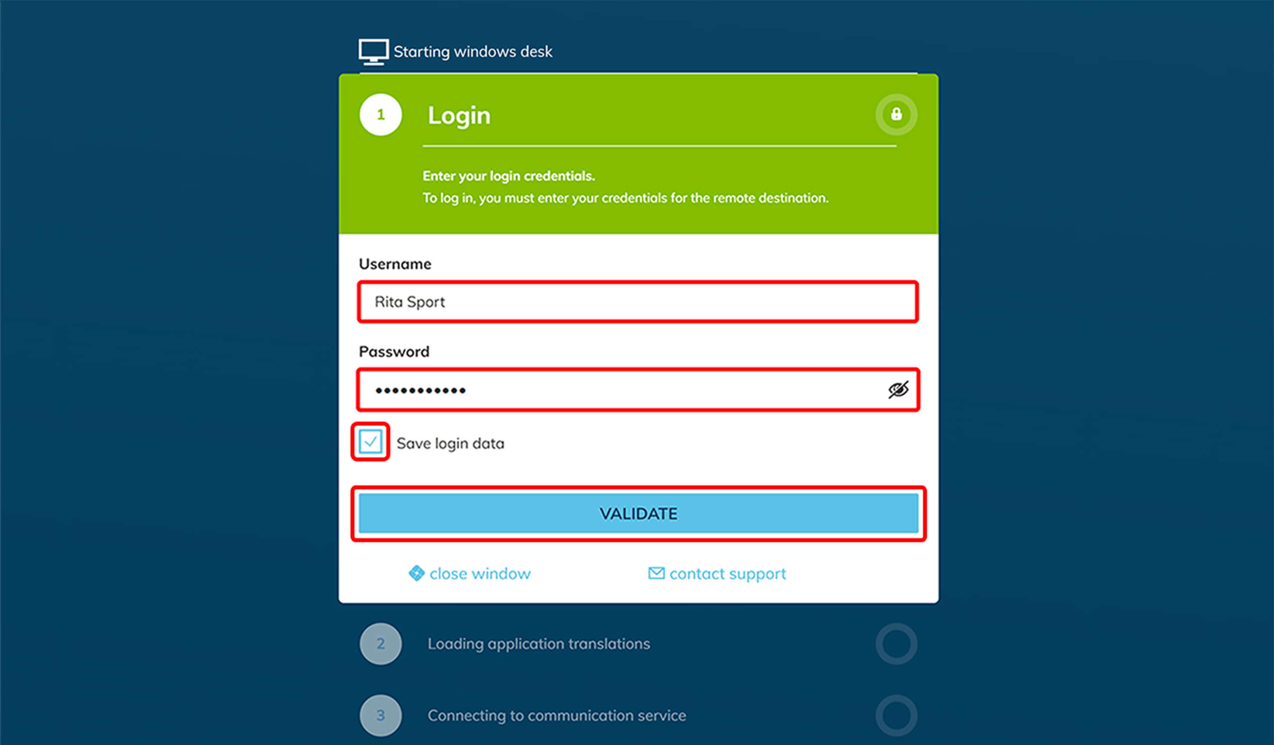 Windows Desktop login dialog with fields for username and password, a Save login data checkbox, and a VALIDATE button