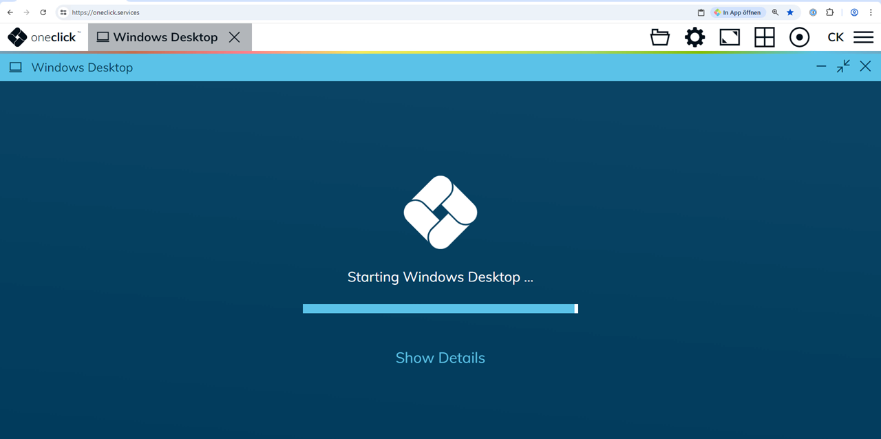oneclick Desk interface showing a loading screen with the oneclick logo and Starting Windows Desktop progress bar