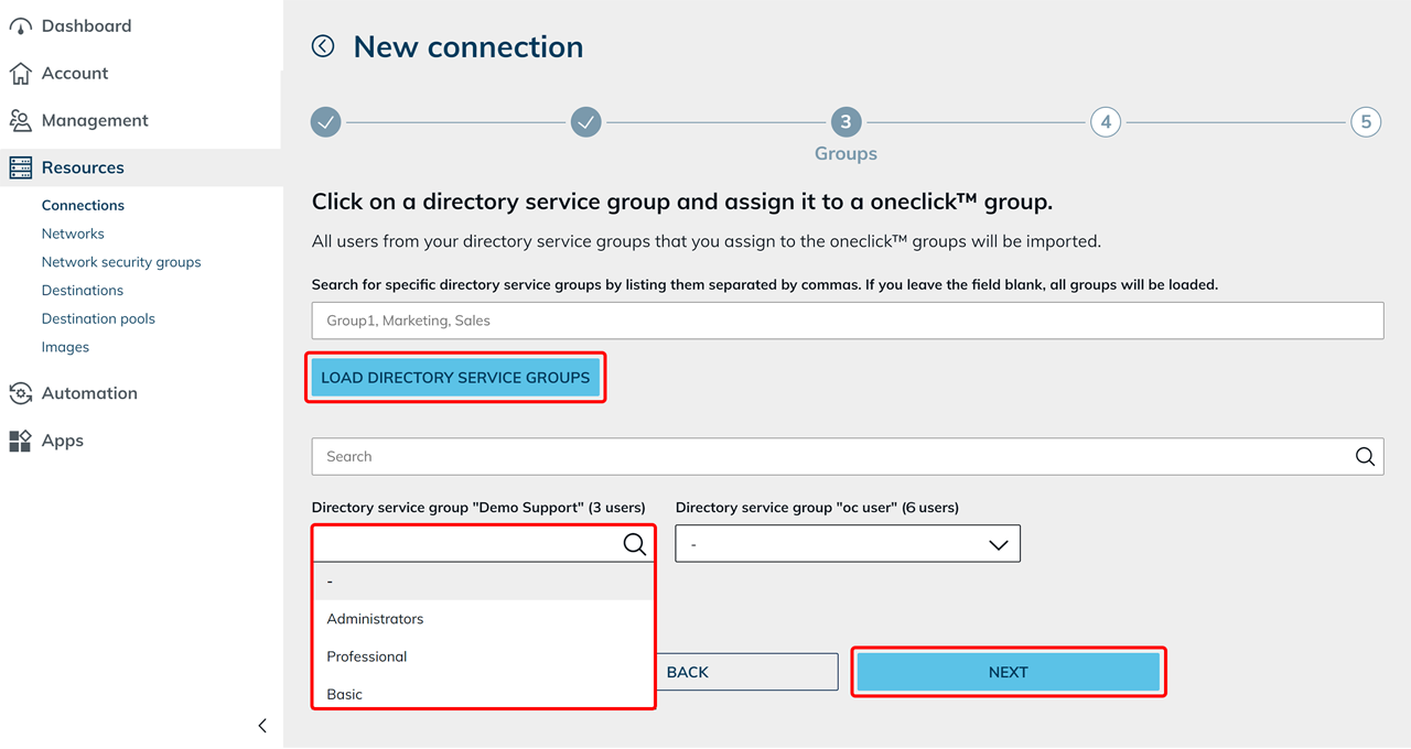 New connection Groups step with directory service groups assigned to oneclick™ groups and the Next button highlighted