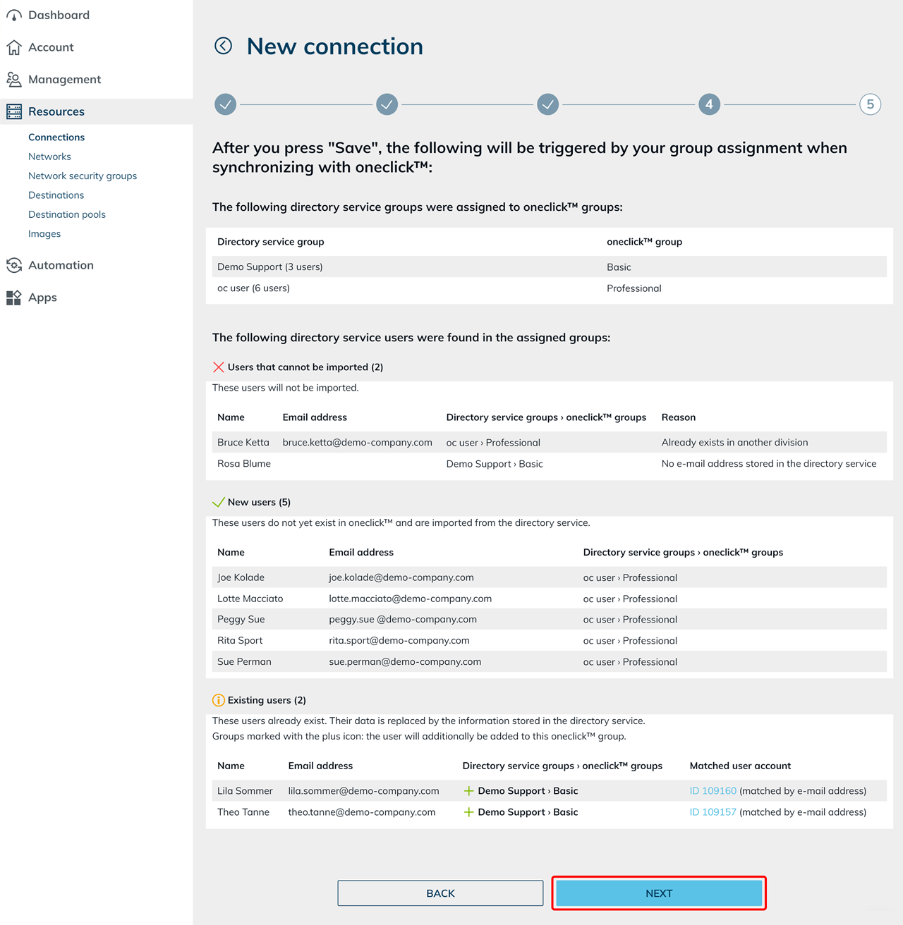 New connection Users step showing the group assignments and user sections with the Next button highlighted