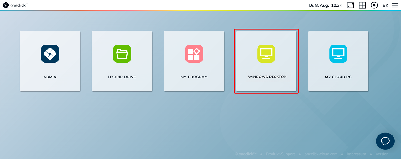 oneclick Desk displaying application tiles for Admin, Hybrid Drive, My Program, Windows Desktop, and My Cloud PC
