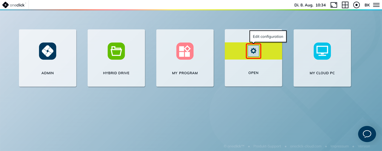 oneclick Desk with a configuration icon and Edit configuration tooltip visible on the Windows Desktop tile