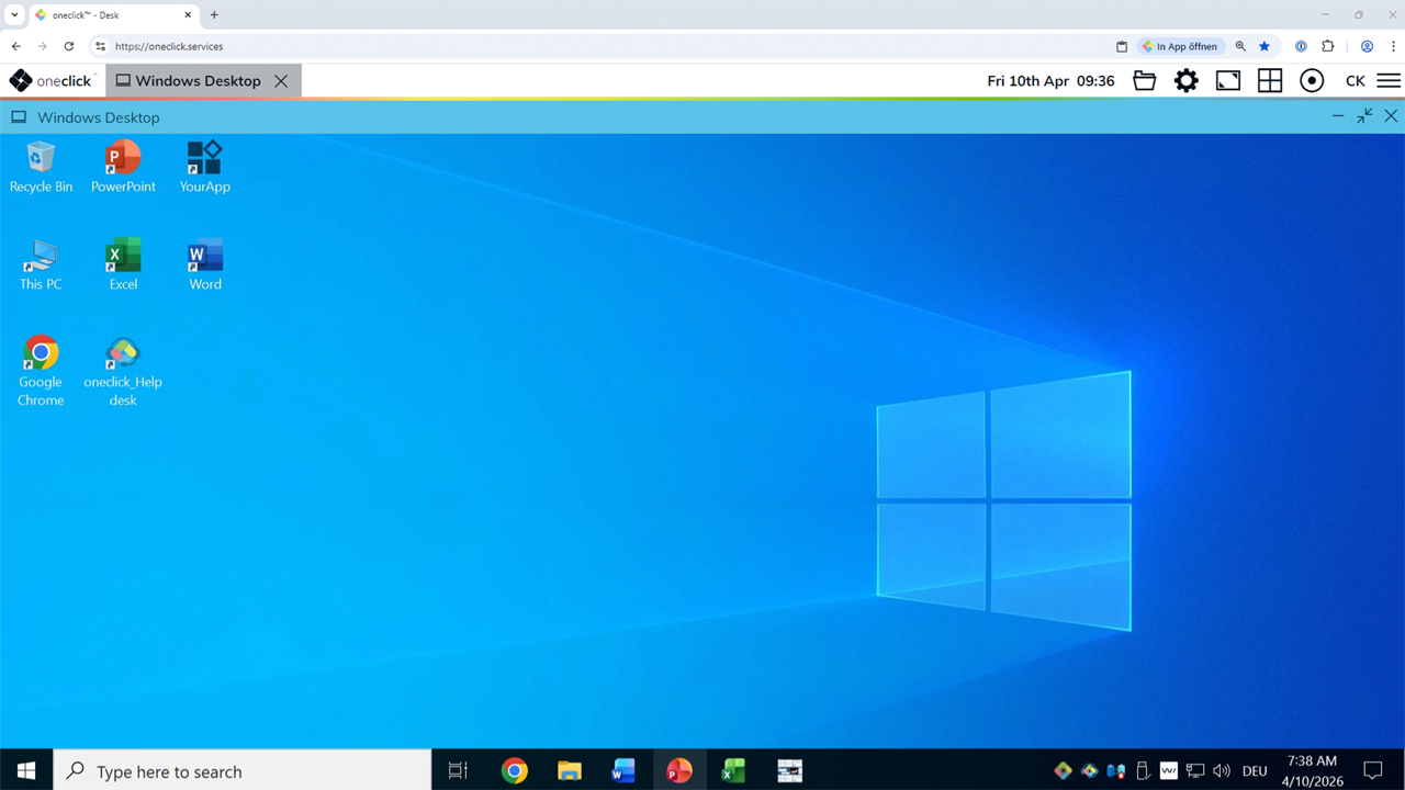 Windows Desktop with application shortcuts accessed through the oneclick Desk interface
