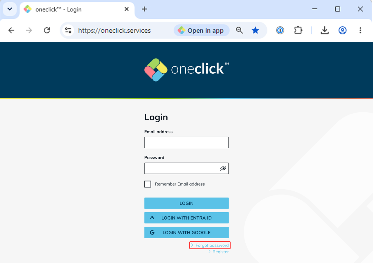 oneclick™ login form with email and password fields, showing the Forgot password link at the bottom