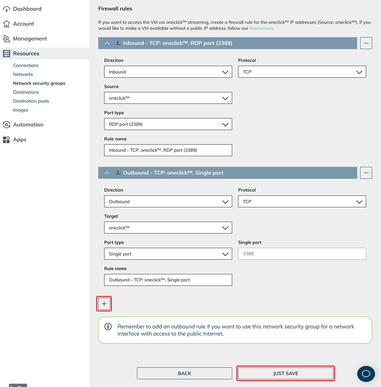 Firewall rules for inbound and outbound RDP access via oneclick™