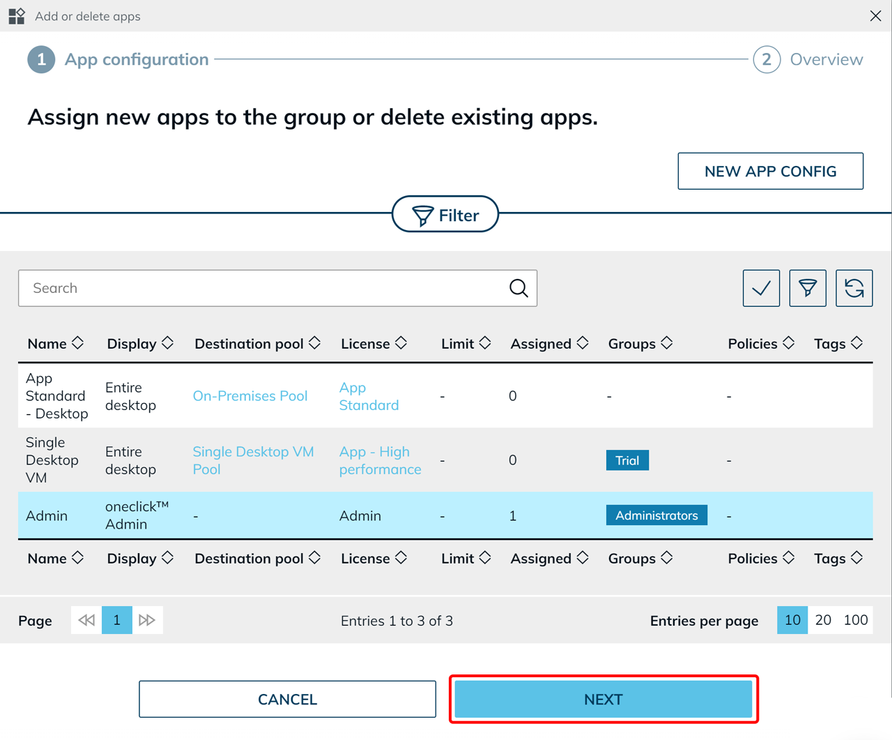 Dialog "Add or delete apps" with the Admin app highlighted and a Next button