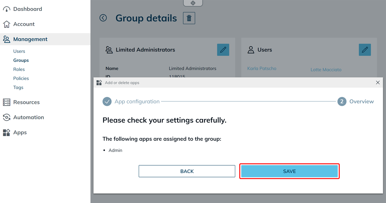 Confirmation dialog with the assigned "Admin" app for the "Limited Administrators" group