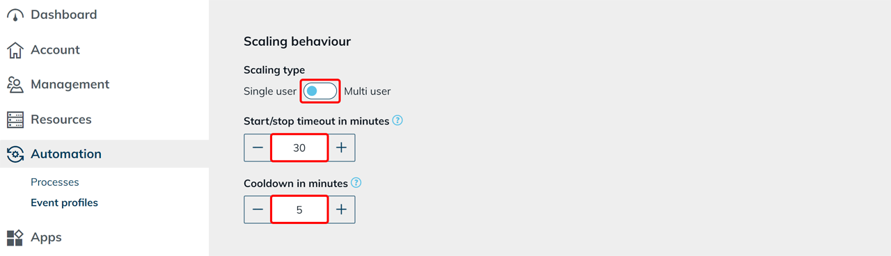 Scaling behavior with "Single user" mode selected and the "Start/stop timeout in minutes" and "Cooldown in minutes" fields highlighted