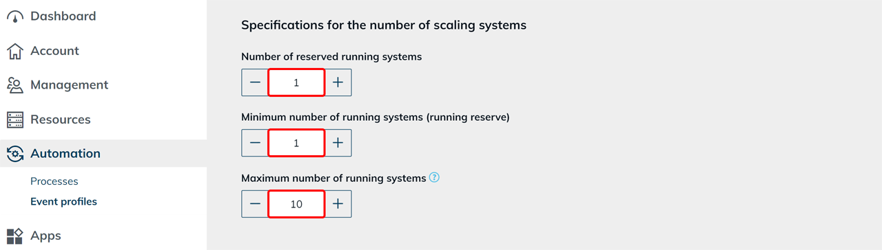 Specifications for the number of running systems with the fields "Number of reserved running systems", "Minimum number of running systems (running reserve)" and "Maximum number of running systems"