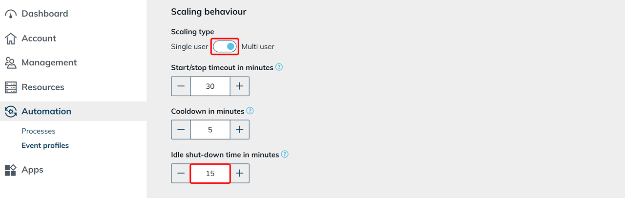 Scaling behavior with "Multi user" mode selected and the "Idle shut-down time in minutes" field highlighted