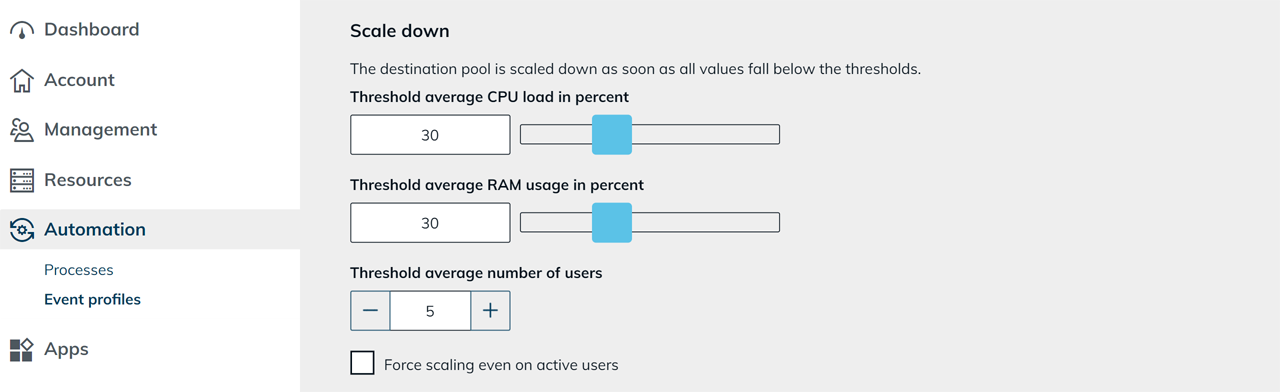Scale down settings with threshold values for CPU load, RAM usage, and number of users as well as the disabled "Force scaling even on active users" option