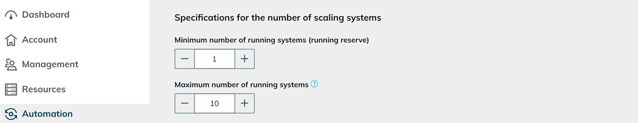 Specifications for the number of running systems with the fields "Minimum number of running systems (running reserve)" and "Maximum number of running systems"