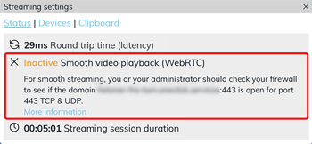 Streaming settings showing Inactive Smooth video playback (WebRTC) and a message about the required firewall access
