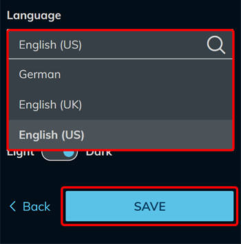 Ausgeklapptes Sprachauswahlmenü mit den Optionen Deutsch, Englisch (UK) und Englisch (US)