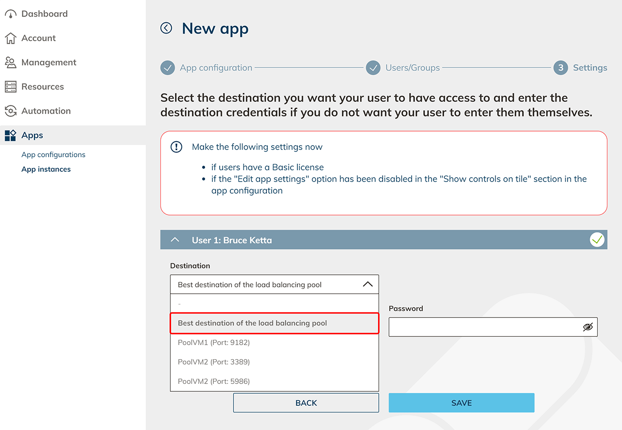 Einstellungen einer App-Instanz mit ausgewähltem Zielsystem „Best destination of the load balancing pool“