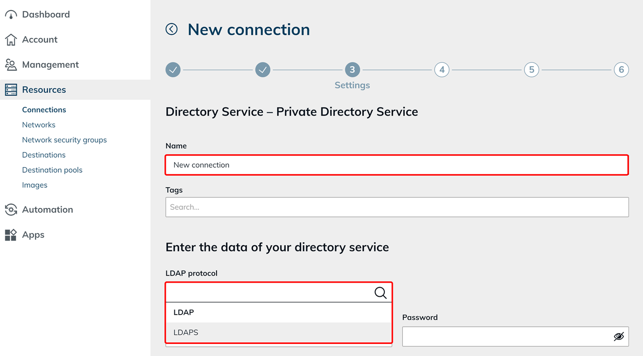 Einstellungen-Schritt der neuen Anbindung mit hervorgehobenem Feld „Name“ und geöffnetem LDAP-Protokoll-Dropdown
