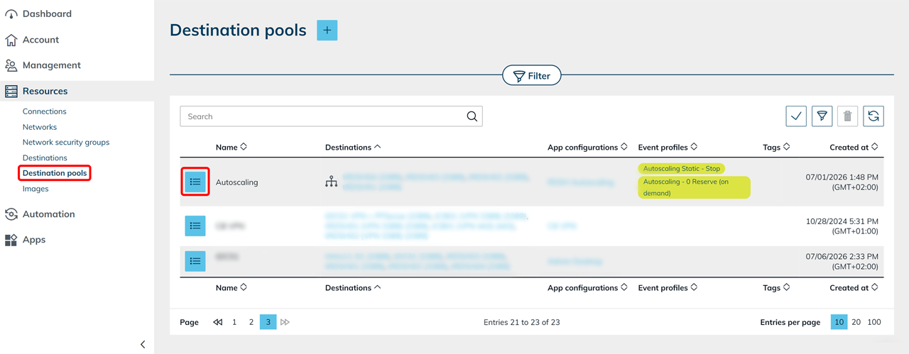 Liste der Zielsystem-Pools mit hervorgehobenem Listen-Symbol beim Pool „Autoscaling“