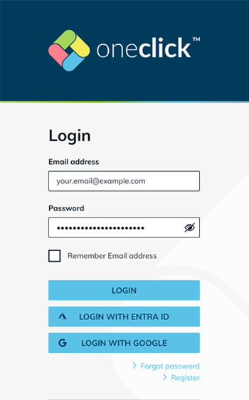 oneclick-Anmeldeformular mit Feldern für E-Mail-Adresse und Passwort sowie Schaltflächen für Standard-Anmeldung und Single Sign-on via Entra ID oder Google