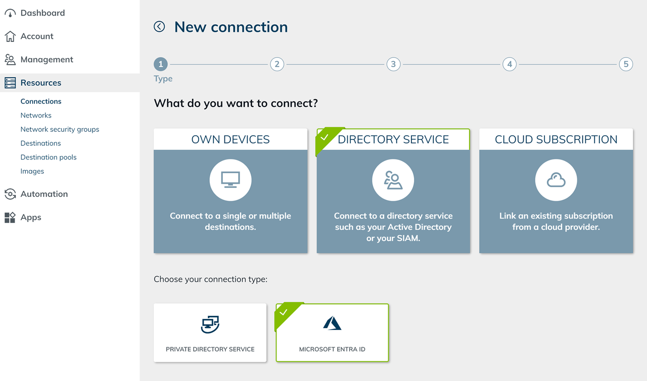 Assistent für neue Anbindung mit ausgewähltem Verzeichnisdienst und Microsoft Entra ID als Verbindungstyp