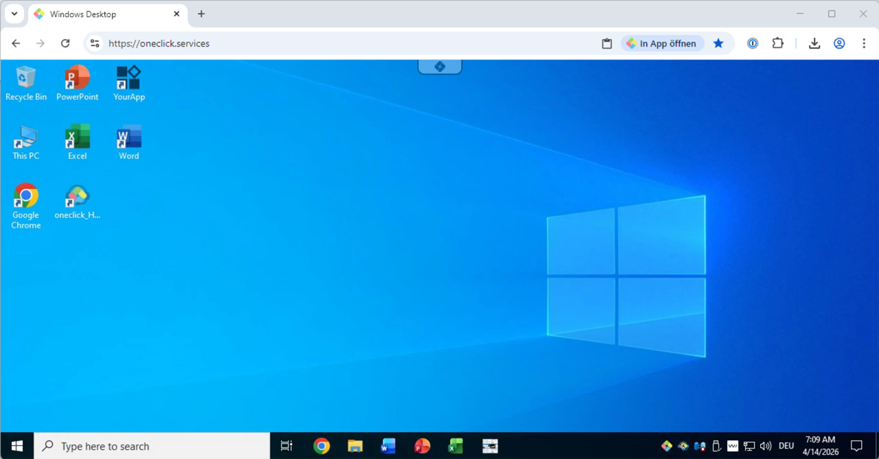 Windows Desktop mit Anwendungsverknüpfungen wie Papierkorb, PowerPoint, Word, Excel und anderen Programmen
