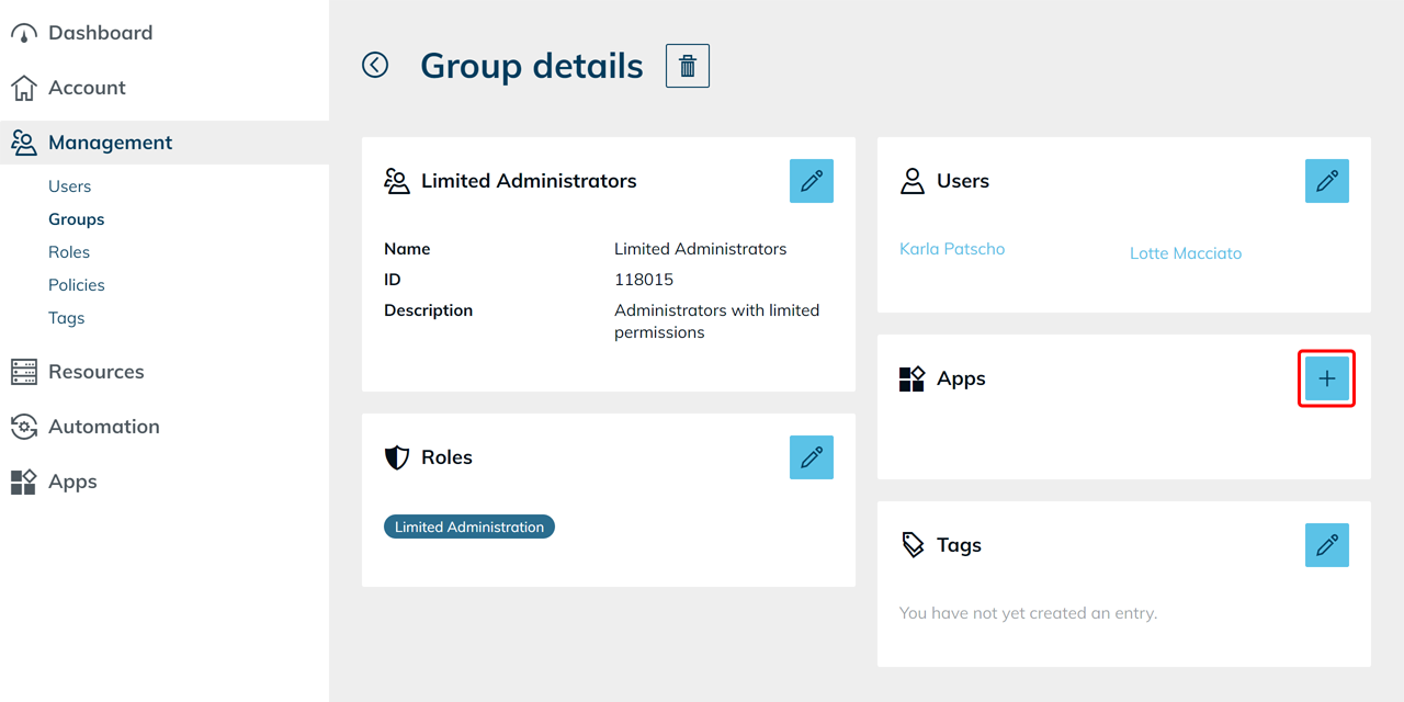 Gruppendetails-Seite mit hervorgehobenem Plus-Symbol in der Apps-Kachel