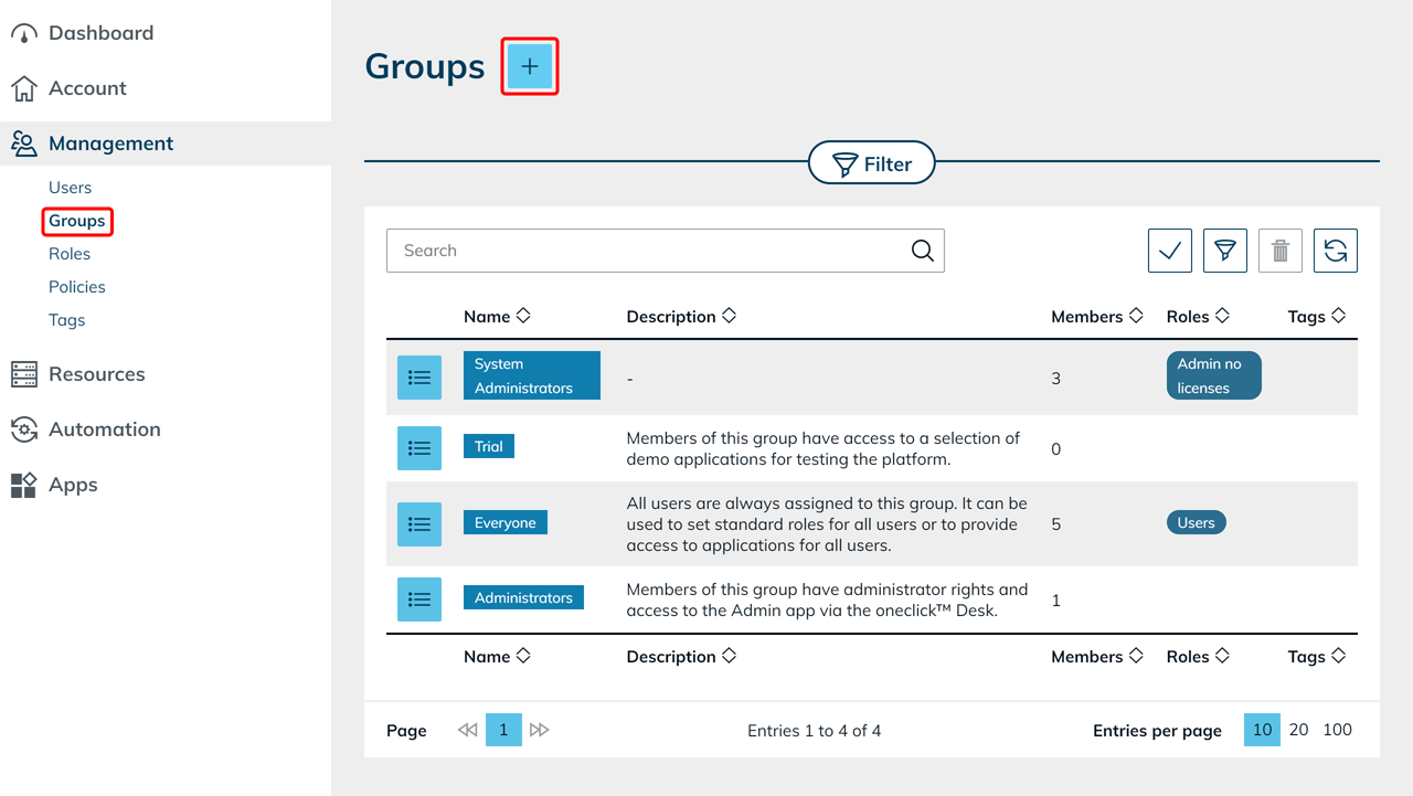 Plus-Symbol zum Erstellen einer neuen Gruppe auf der Gruppen-Seite