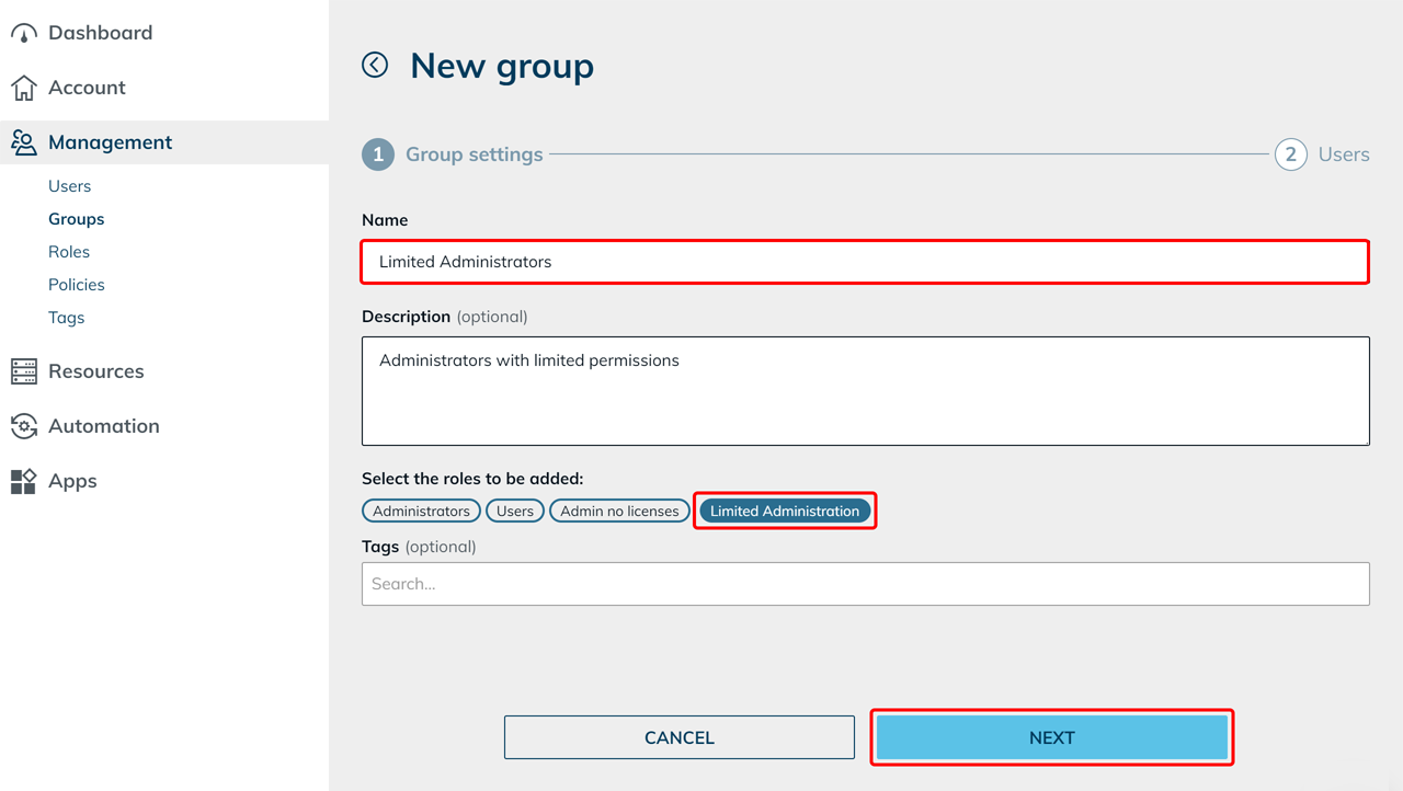 Dialog „Neue Gruppe" mit Gruppennamen und Rollenauswahl sowie Weiter-Button