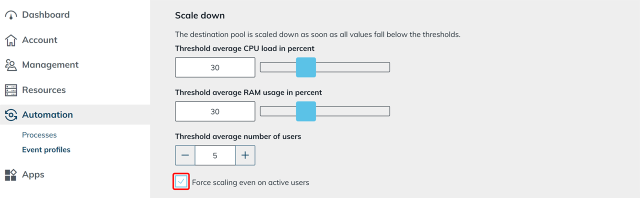 Aktivierte Option „Force scaling even on active users" bei den Einstellungen zum Herunterskalieren