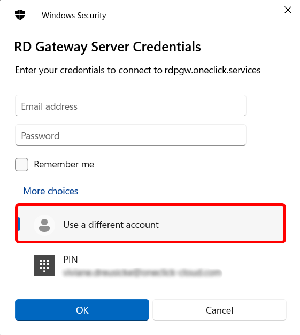 Windows-Sicherheitsdialog für die RD-Gateway-Anmeldung mit der Option „Anderes Konto“
