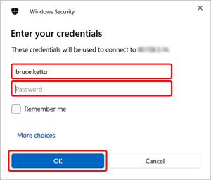 Windows-Sicherheitsdialog mit Feldern für Benutzername und Passwort des Remote-Systems